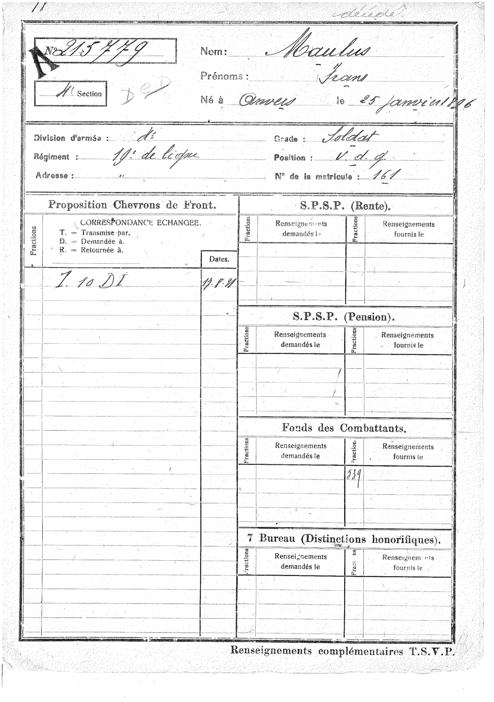 Maulus franz, fiche matricule