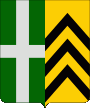 Soignies;Ecu parti,  dextre, de sinople  la croix d'argent,  senestre, d'or  trois chevrons de sable. L'cu est timbr d'une couronne d'or