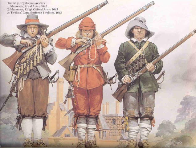 mousquetaires anglais 17e s, ils soufflent sur la mche pour en aviver le bout brulant.remarquons aussi les charges de poudre toutes prtes qui pendent sur leur poitrine: la bandouillre